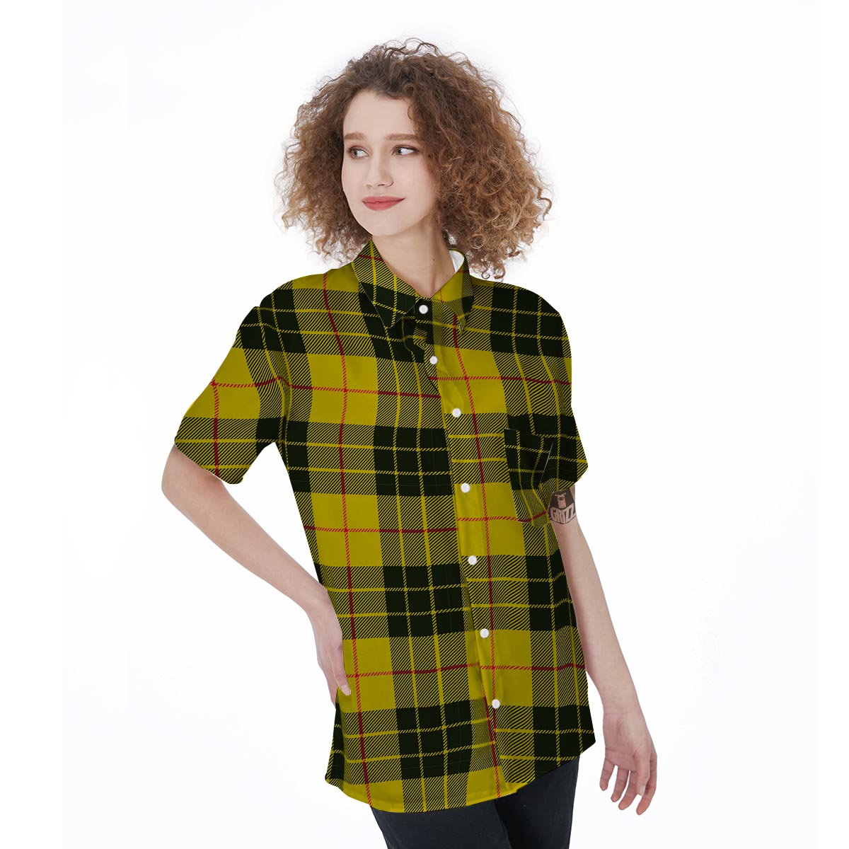 MacLeod Yellow Plaid Tartan Women's Short Sleeve Shirts-grizzshop