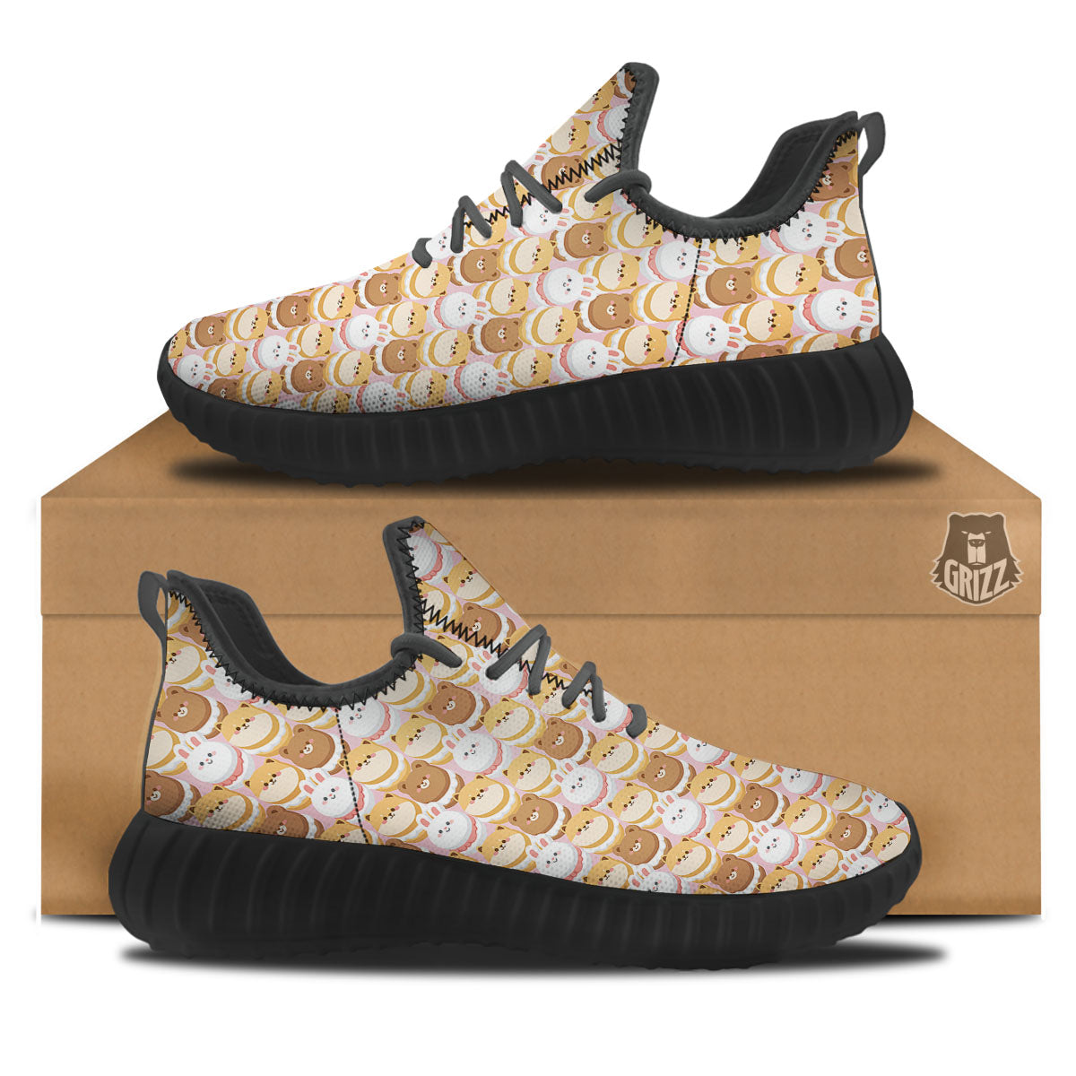 Macaron Cartoon Print Pattern Black Walking Shoes-grizzshop