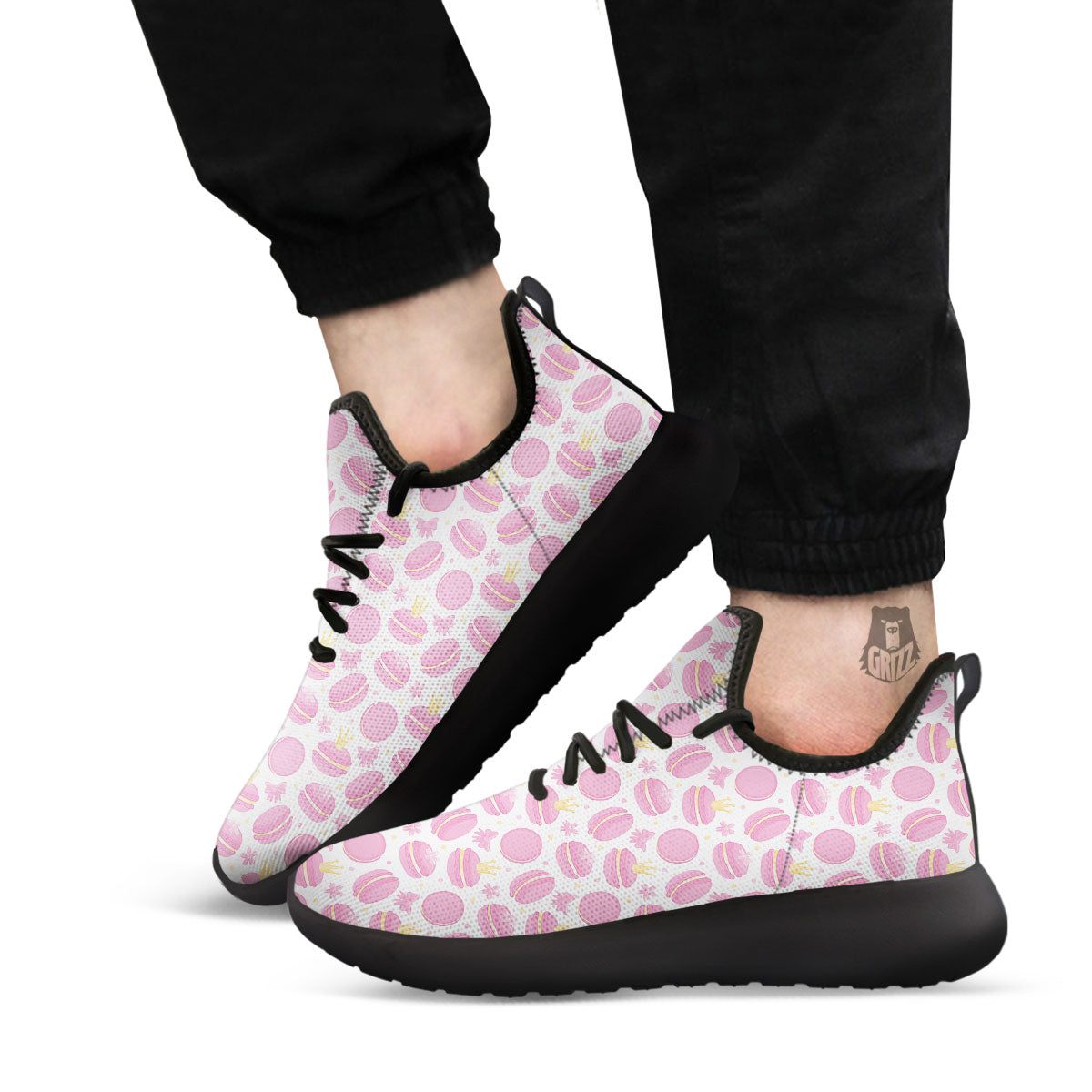 Macaron Pink Print Pattern Black Athletic Shoes-grizzshop