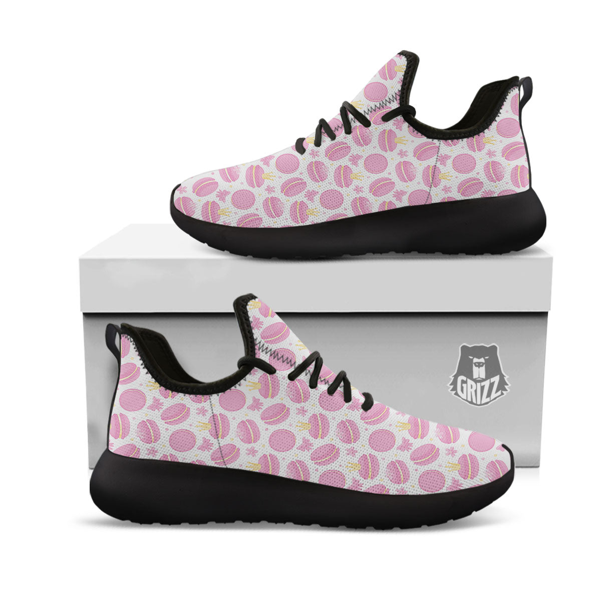 Macaron Pink Print Pattern Black Athletic Shoes-grizzshop