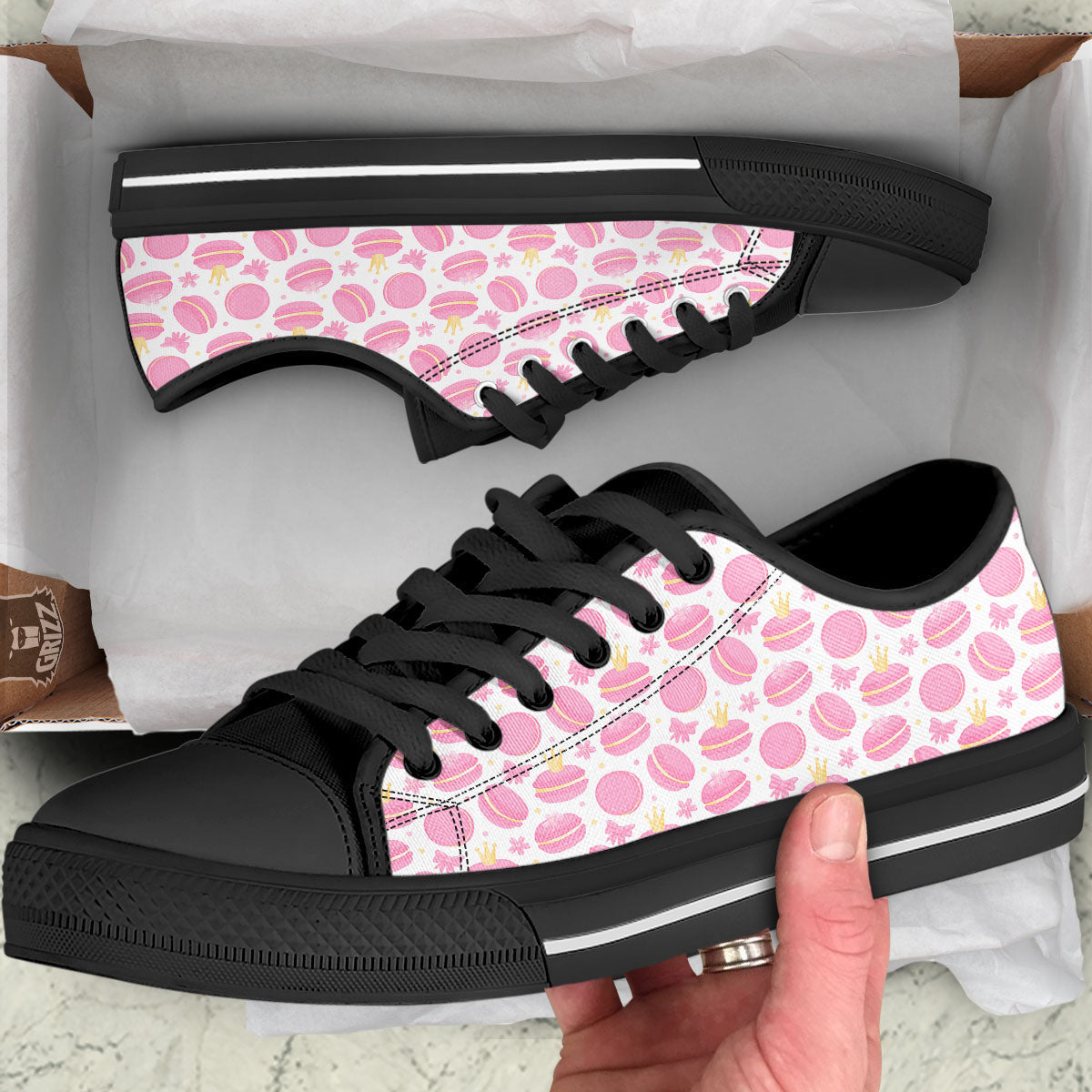 Macaron Pink Print Pattern Black Low Top Shoes-grizzshop
