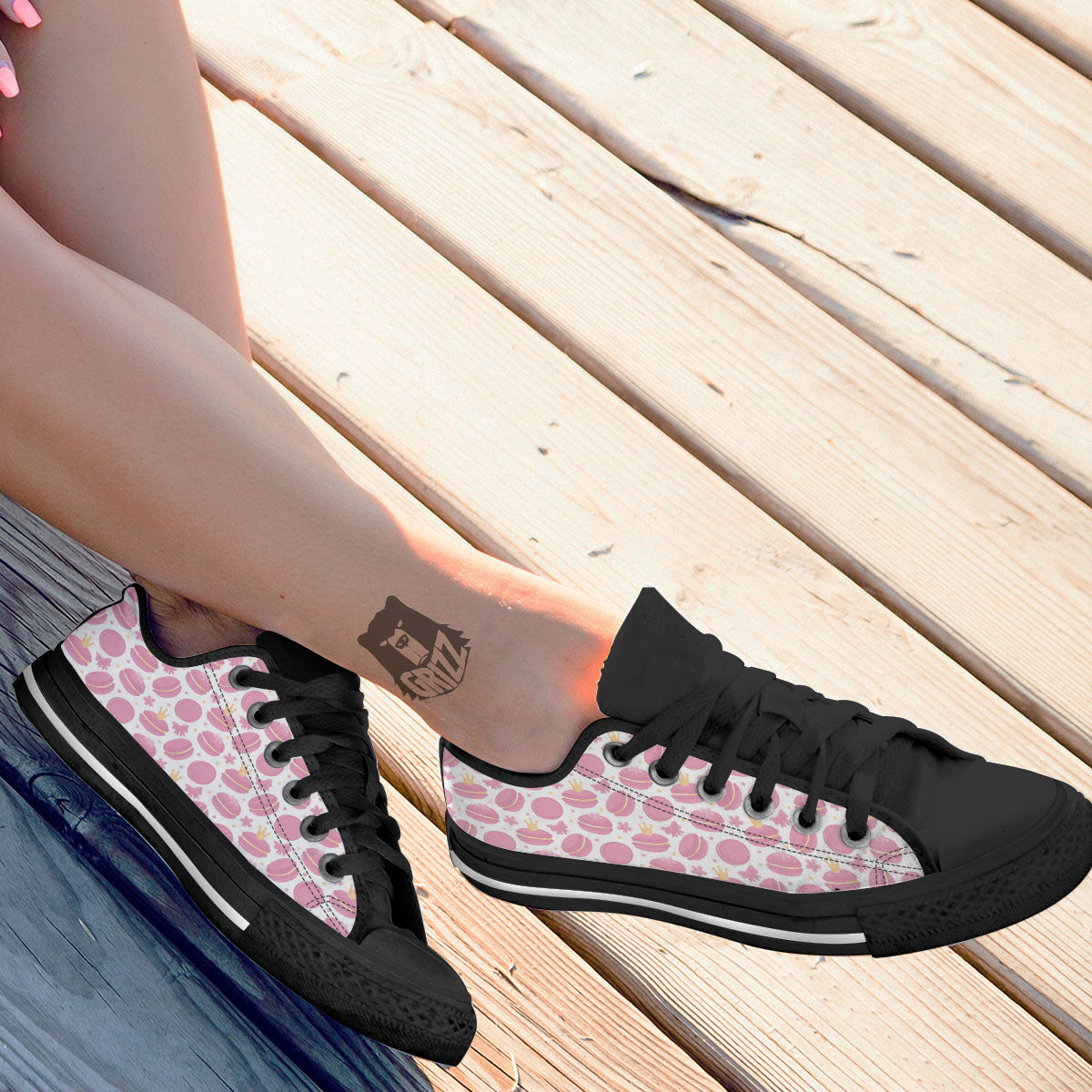 Macaron Pink Print Pattern Black Low Top Shoes-grizzshop