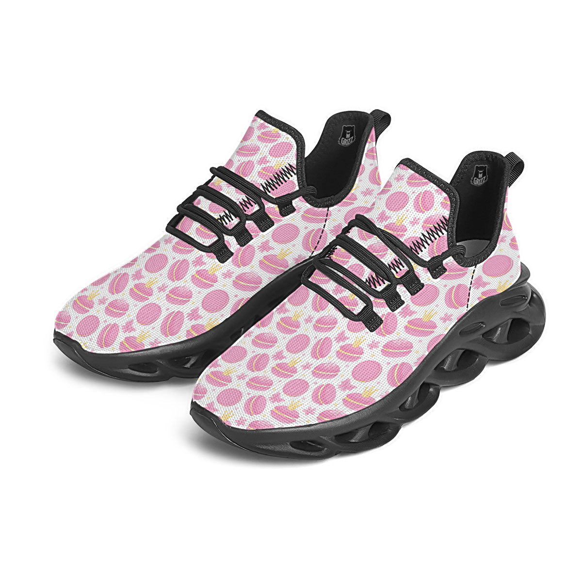 Macaron Pink Print Pattern Black Running Shoes-grizzshop