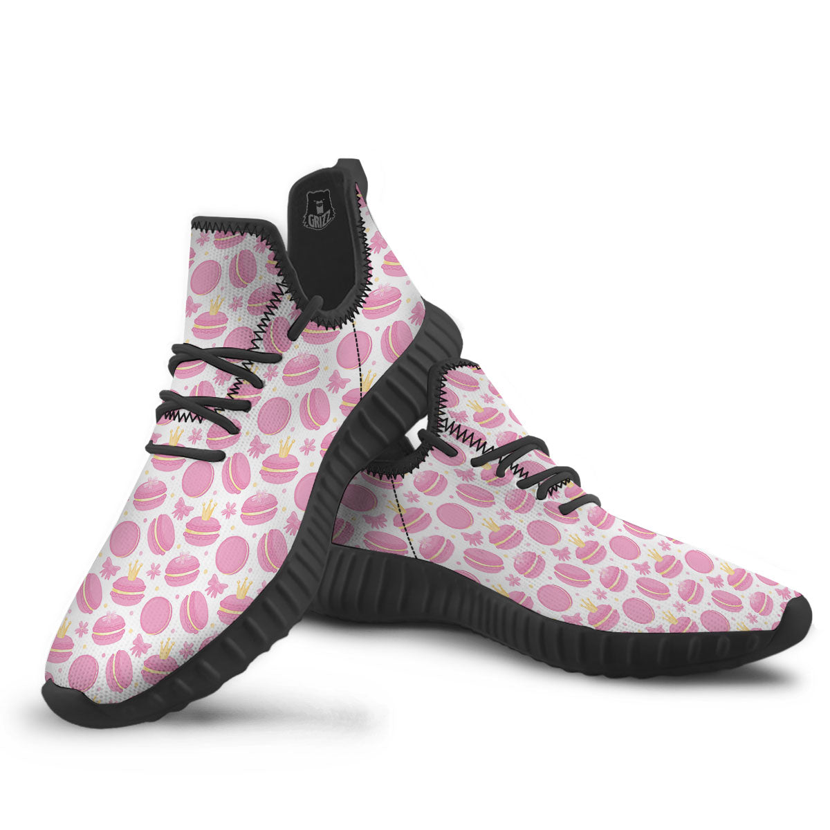 Macaron Pink Print Pattern Black Walking Shoes-grizzshop