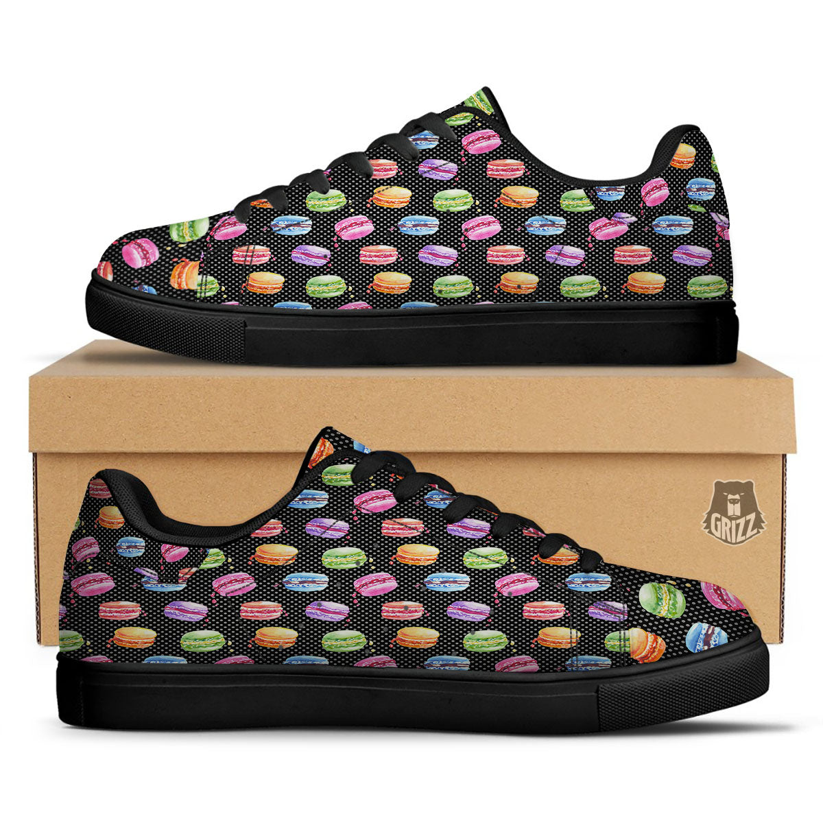 Macaron Polka Dot Print Pattern Black Low Top Sneakers-grizzshop