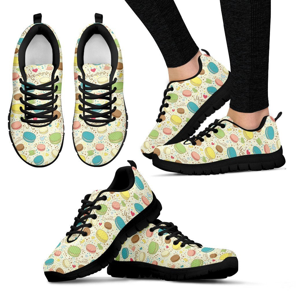 Macaron Sweet Pattern Print Black Sneaker Shoes For Men Women-grizzshop