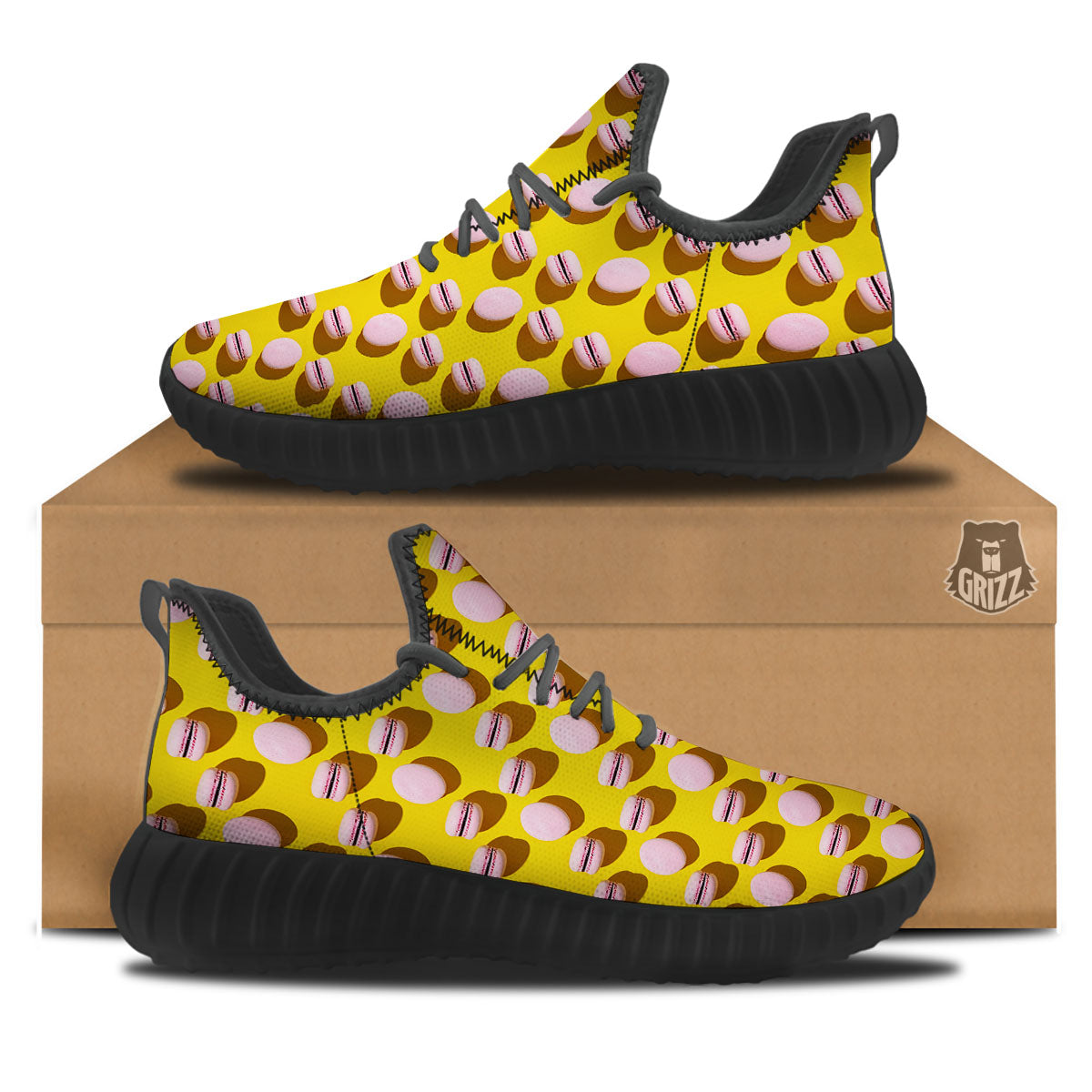 Macaron Yellow And Pink Print Pattern Black Walking Shoes-grizzshop