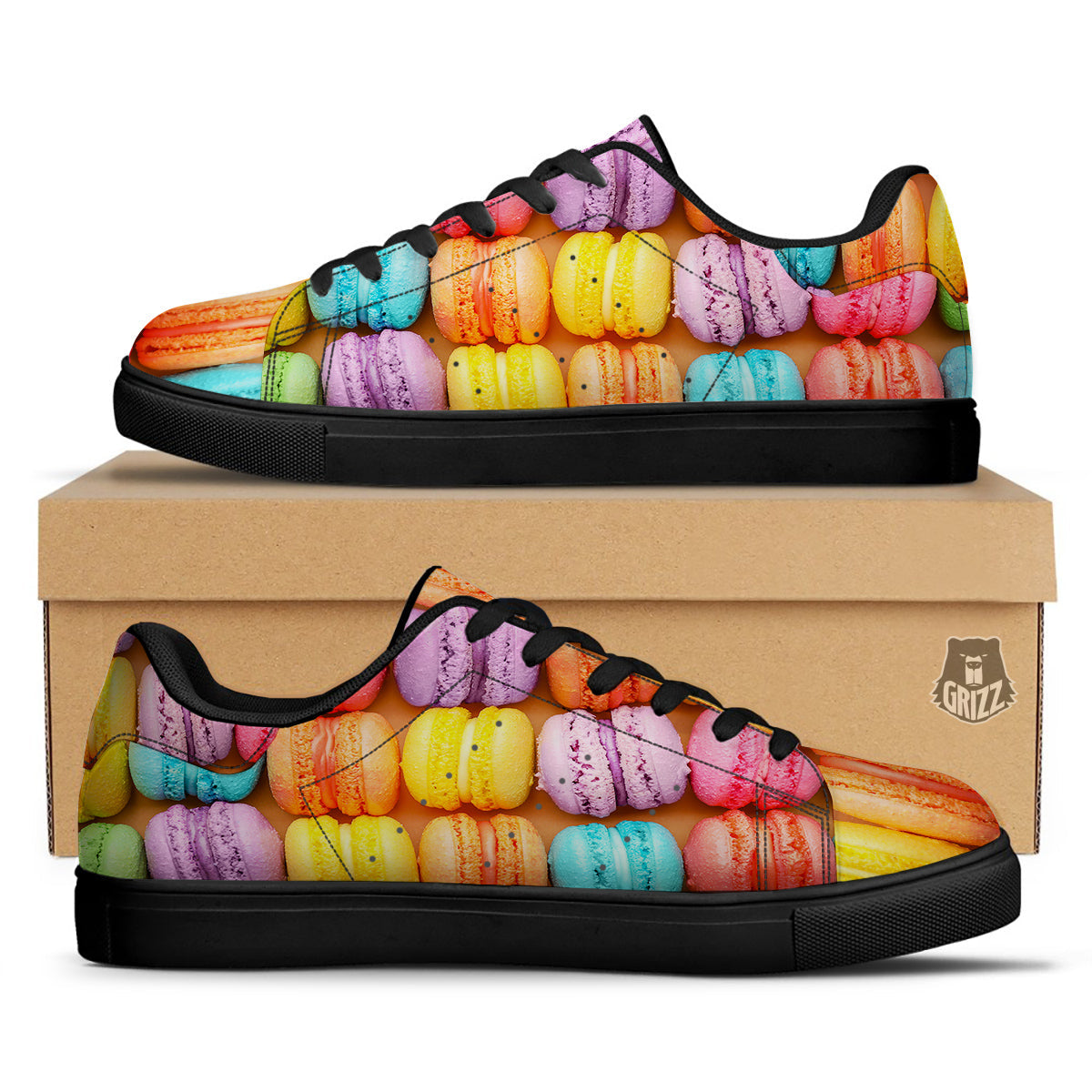 Macarons Colorful Print Black Low Top Sneakers-grizzshop