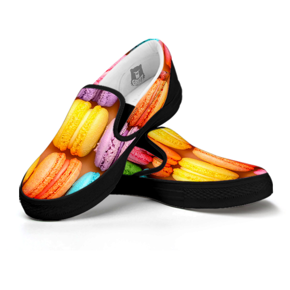 Macarons Colorful Print Black Slip On Shoes-grizzshop
