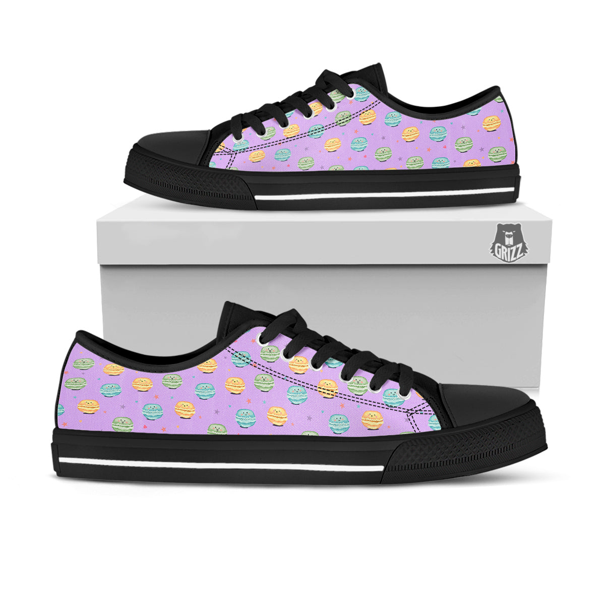 Macarons Cute Print Pattern Black Low Top Shoes-grizzshop