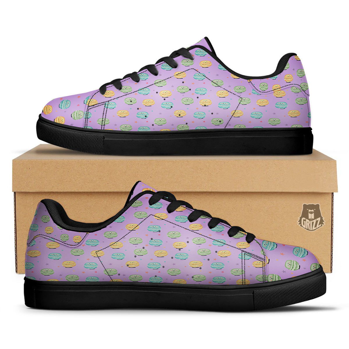 Macarons Cute Print Pattern Black Low Top Sneakers-grizzshop