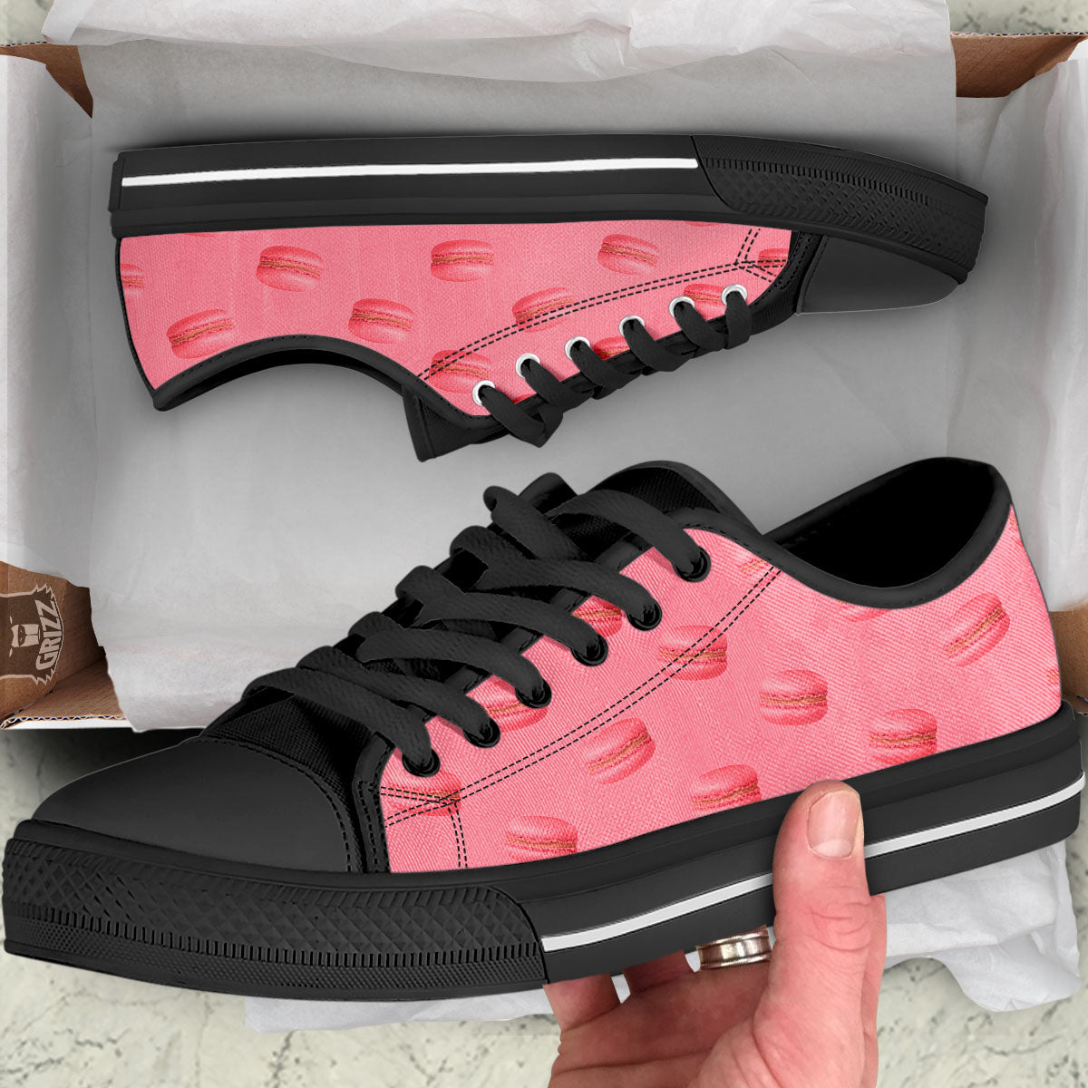 Macarons Pink Print Pattern Black Low Top Shoes-grizzshop