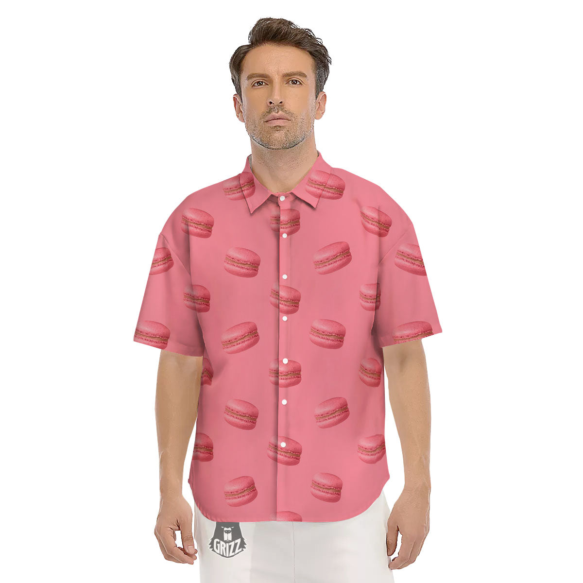 Macarons Pink Print Pattern Men's Short Sleeve Shirts-grizzshop