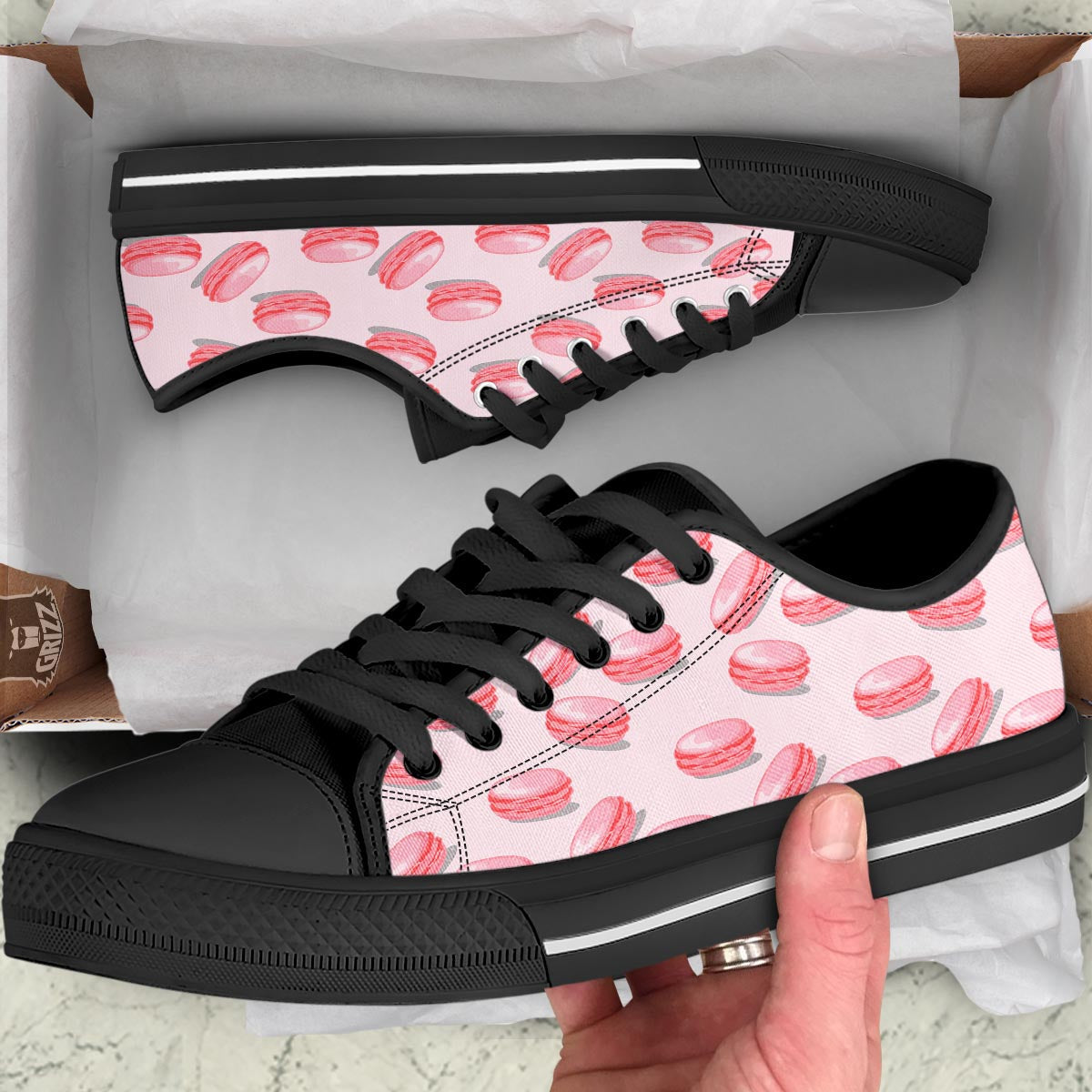 Macarons Sweet Print Pattern Black Low Top Shoes-grizzshop