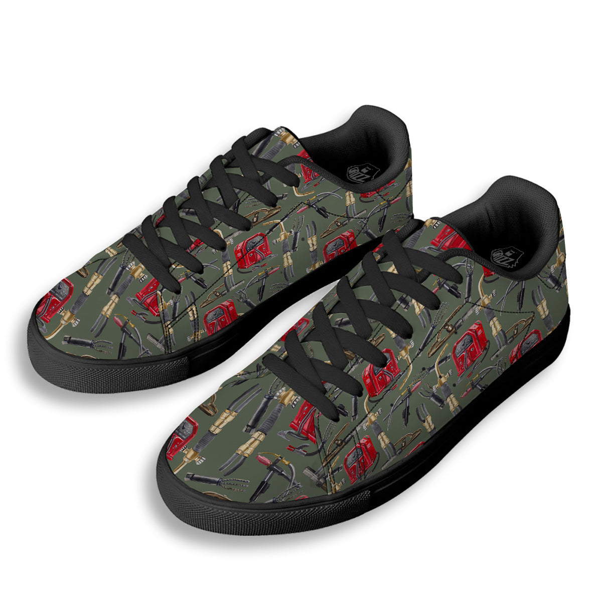 Machine Welding Print Pattern Black Low Top Sneakers-grizzshop