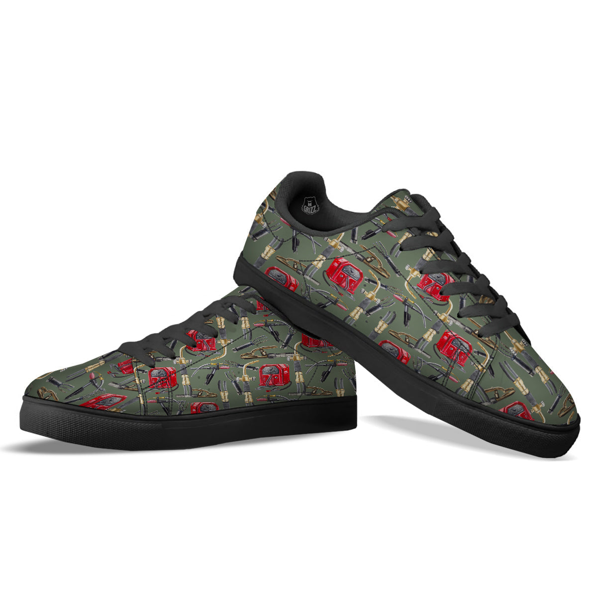 Machine Welding Print Pattern Black Low Top Sneakers-grizzshop