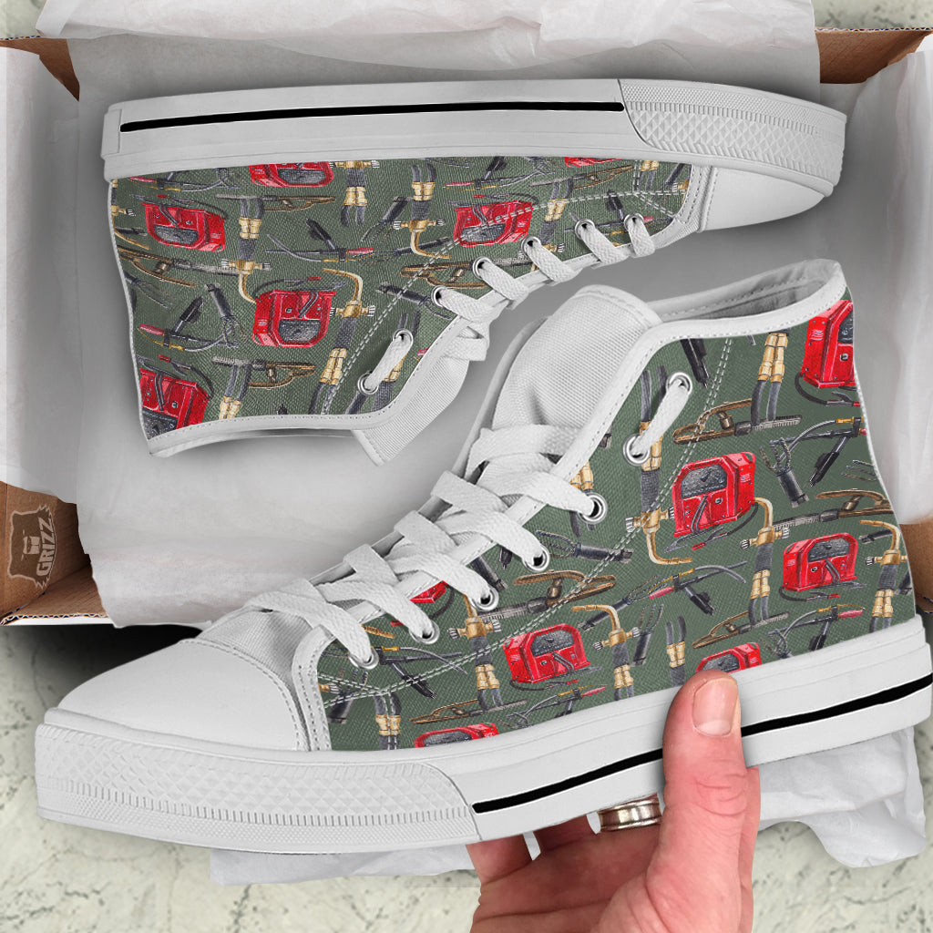 Machine Welding Print Pattern White High Top Shoes-grizzshop