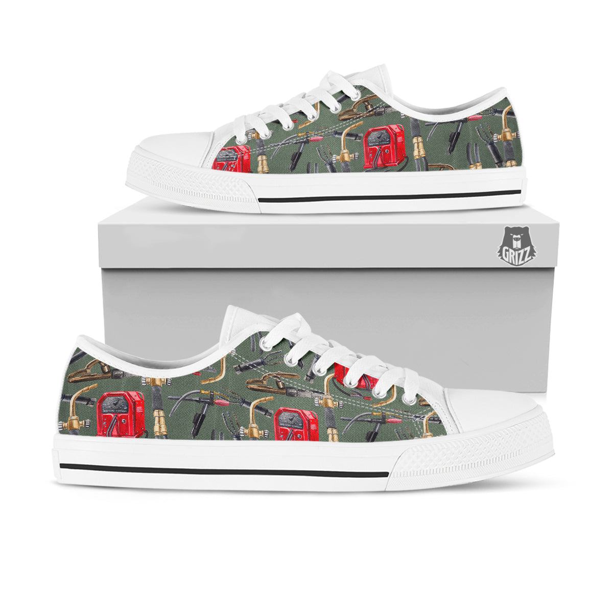 Machine Welding Print Pattern White Low Top Shoes-grizzshop