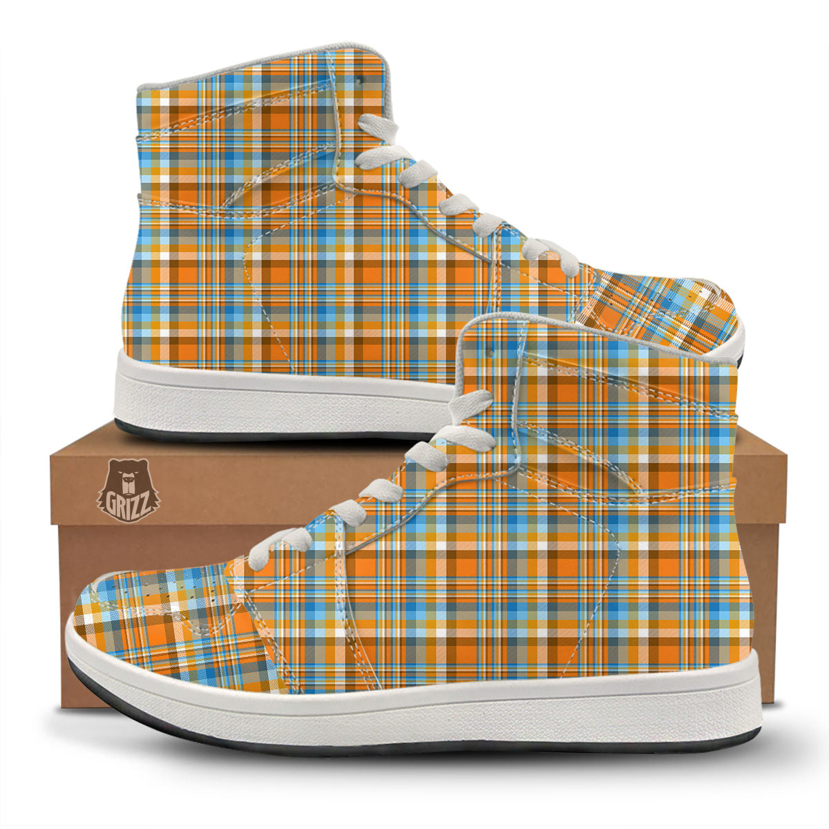 Madras Blue And Orange Print Pattern High Top Sneakers-grizzshop