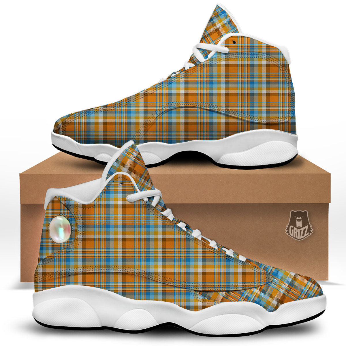 Madras Blue And Orange Print Pattern White Basketball Shoes-grizzshop