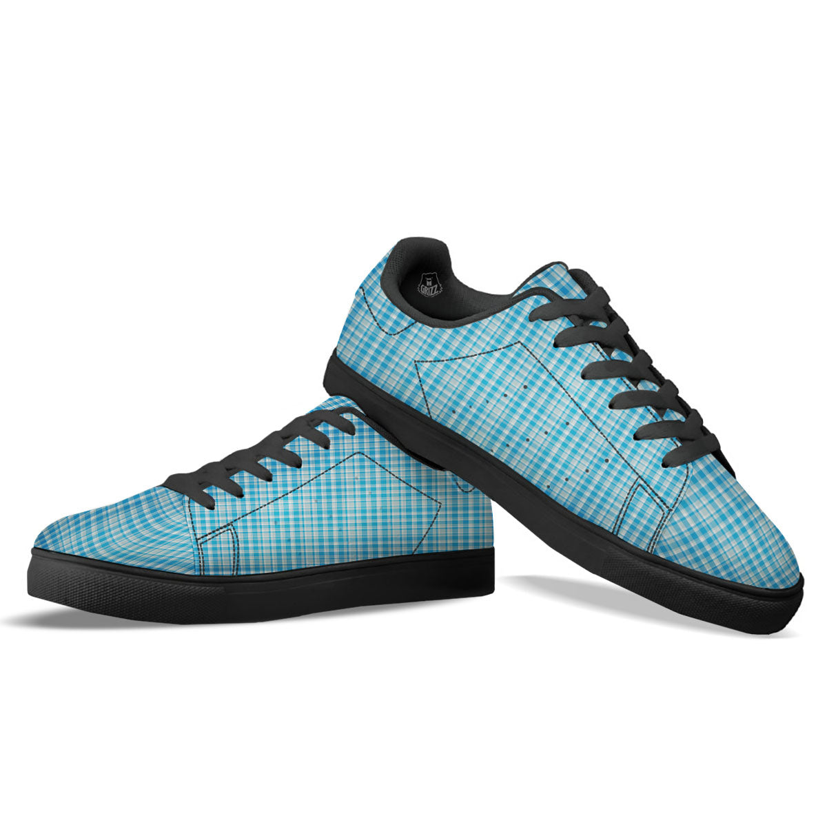 Madras Blue Print Pattern Black Low Top Sneakers-grizzshop