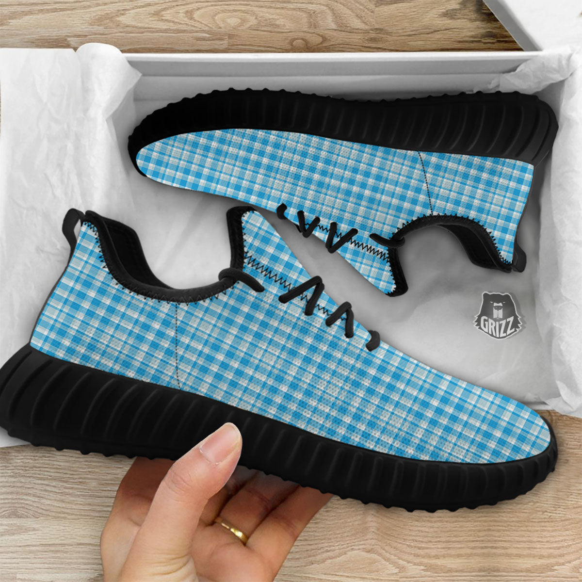 Madras Blue Print Pattern Black Walking Shoes-grizzshop