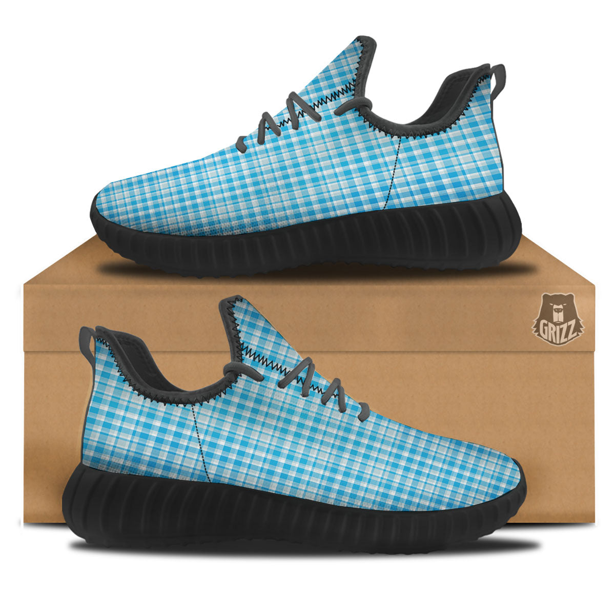 Madras Blue Print Pattern Black Walking Shoes-grizzshop