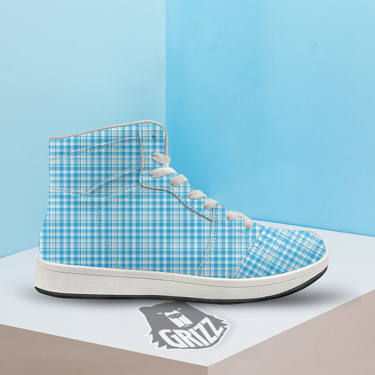 Madras Blue Print Pattern High Top Sneakers-grizzshop