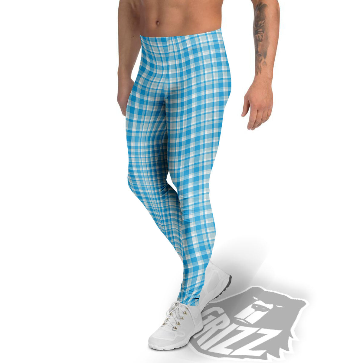 Madras Blue Print Pattern Men's Leggings-grizzshop
