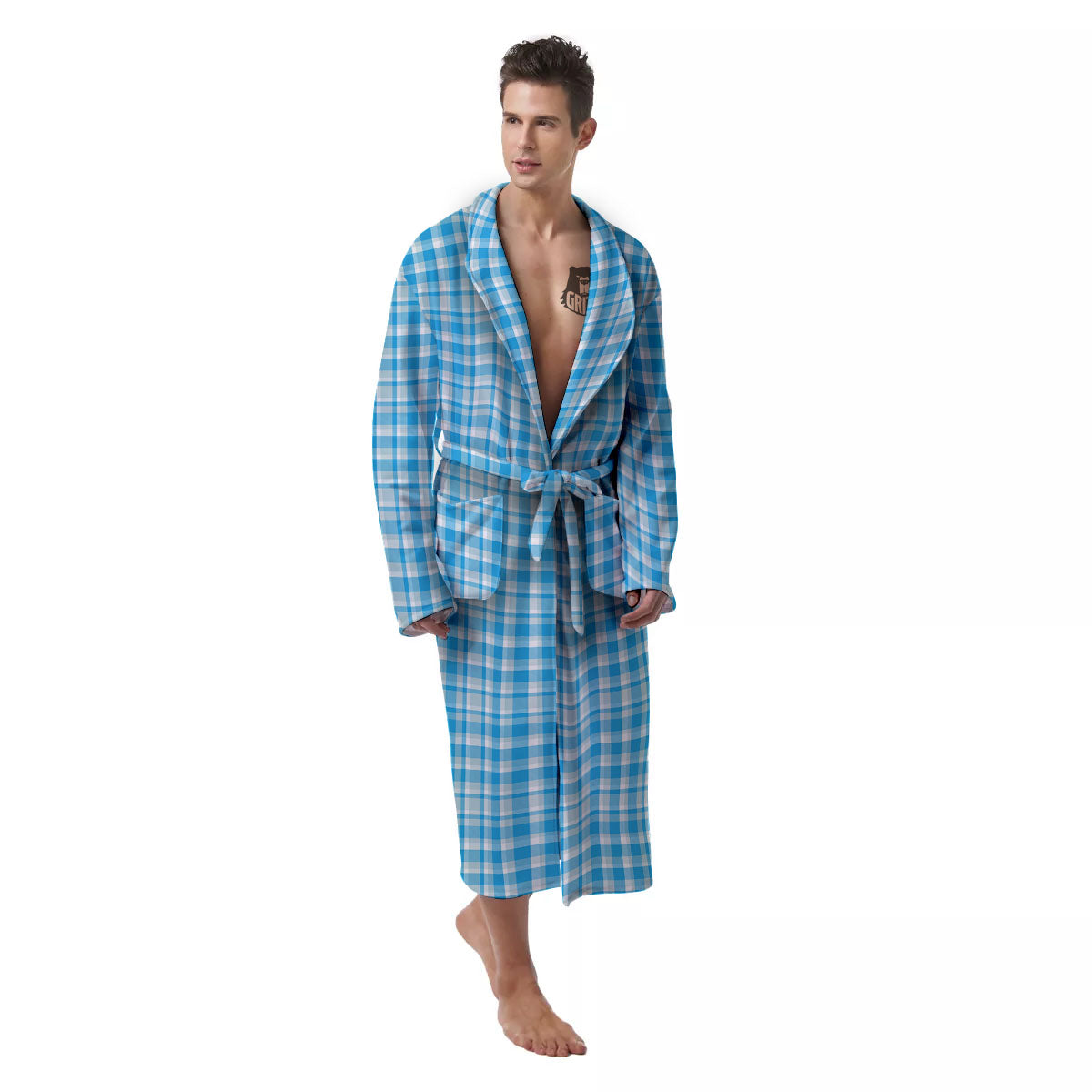 Madras Blue Print Pattern Men's Robe-grizzshop