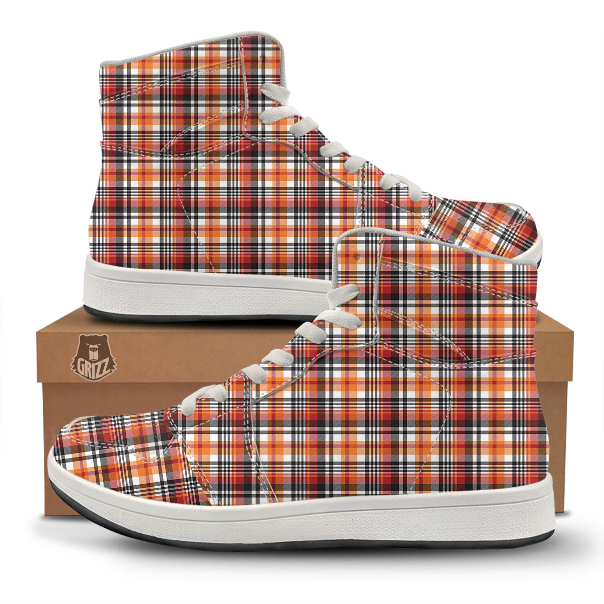 Madras Plaid Black And Orange Print Pattern High Top Sneakers-grizzshop