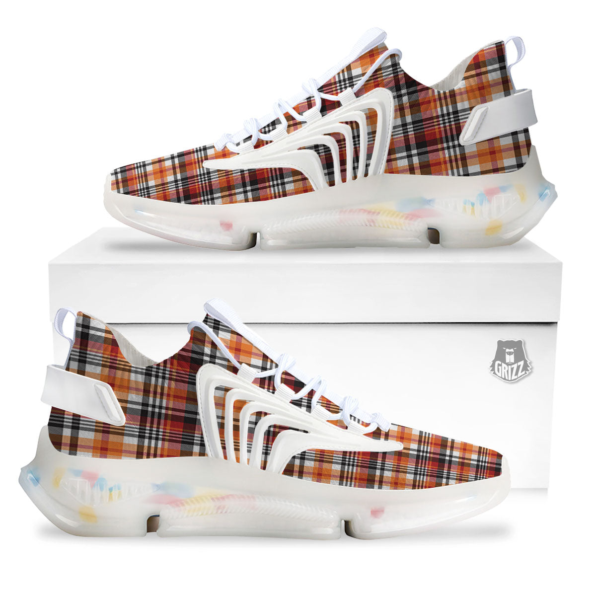 Madras Plaid Black And Orange Print Pattern White Gym Shoes-grizzshop