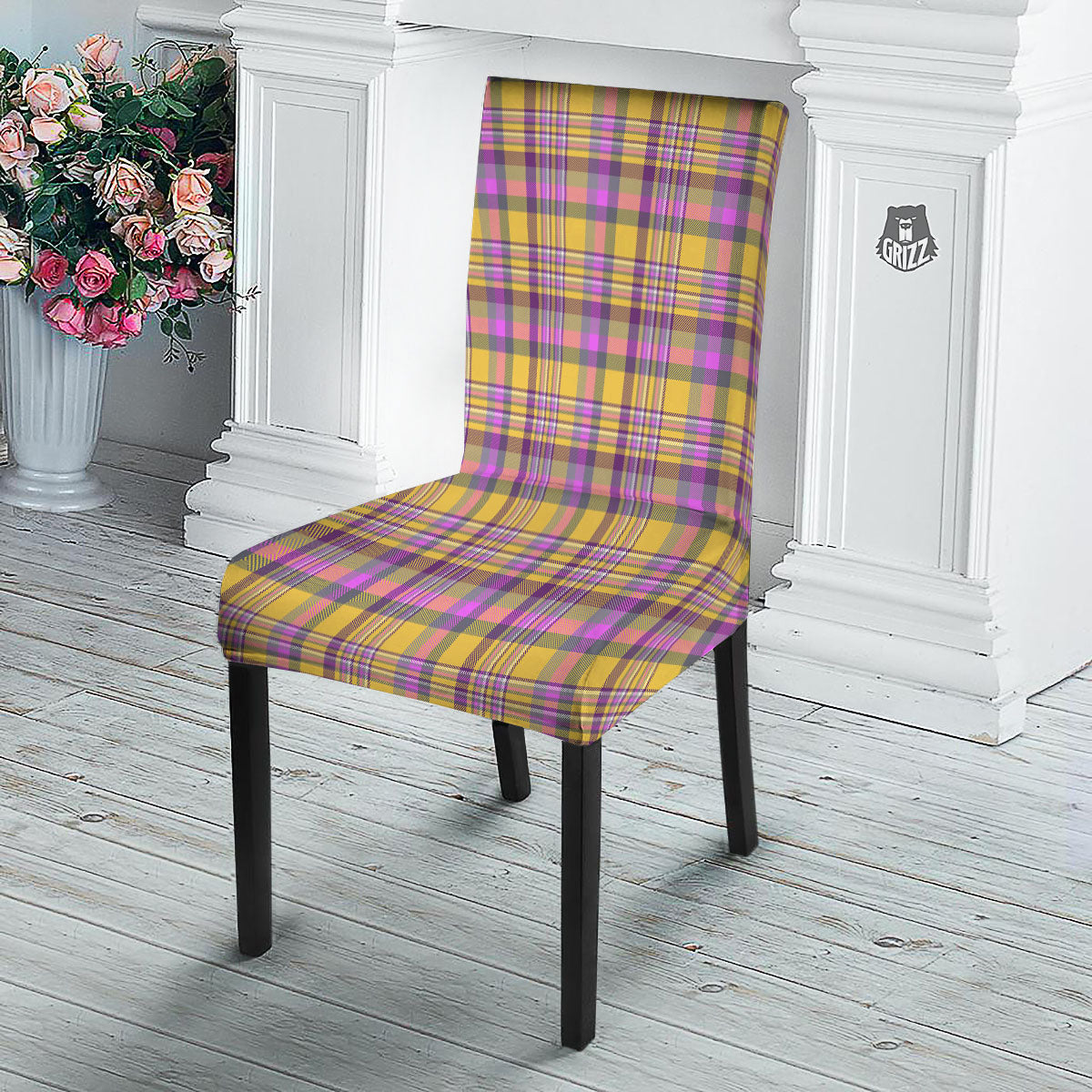 Madras Plaid Orange And Purple Print Pattern Dining Chair Slipcover-grizzshop