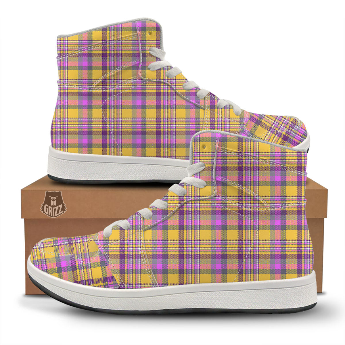 Madras Plaid Orange And Purple Print Pattern High Top Sneakers-grizzshop