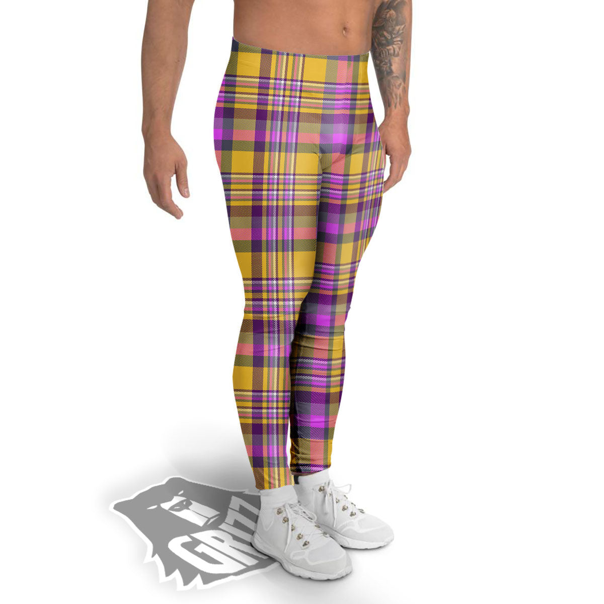 Madras Plaid Orange And Purple Print Pattern Men's Leggings-grizzshop
