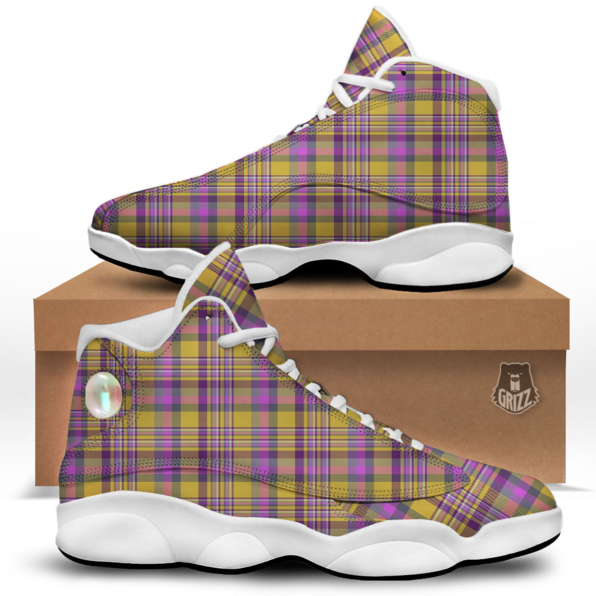 Madras Plaid Orange And Purple Print Pattern White Basketball Shoes-grizzshop