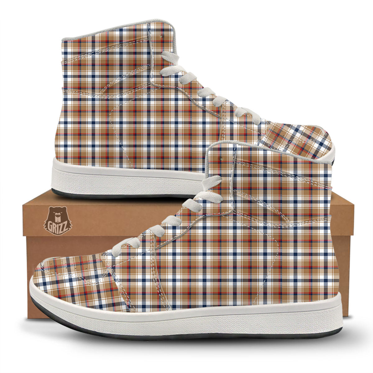 Madras Plaid Red Blue And Beige Print High Top Sneakers-grizzshop