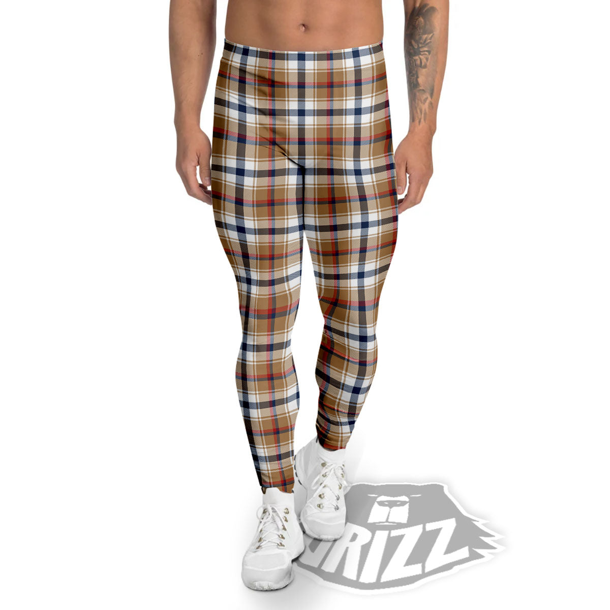 Madras Plaid Red Blue And Beige Print Men's Leggings-grizzshop