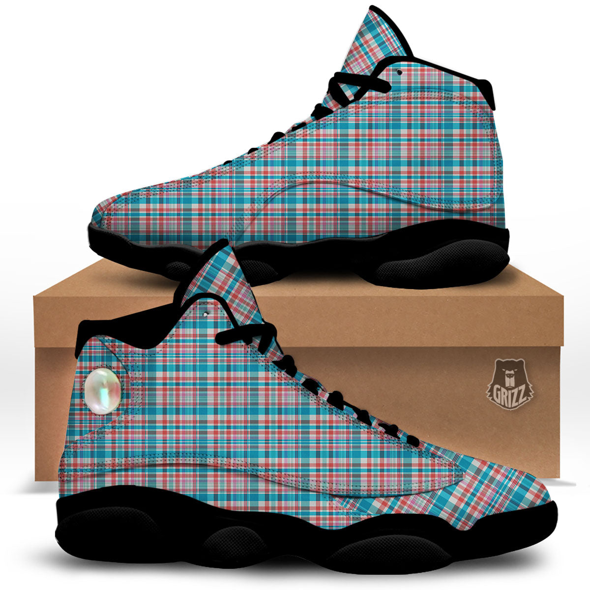 Madras Red And Blue Print Pattern Black Basketball Shoes-grizzshop