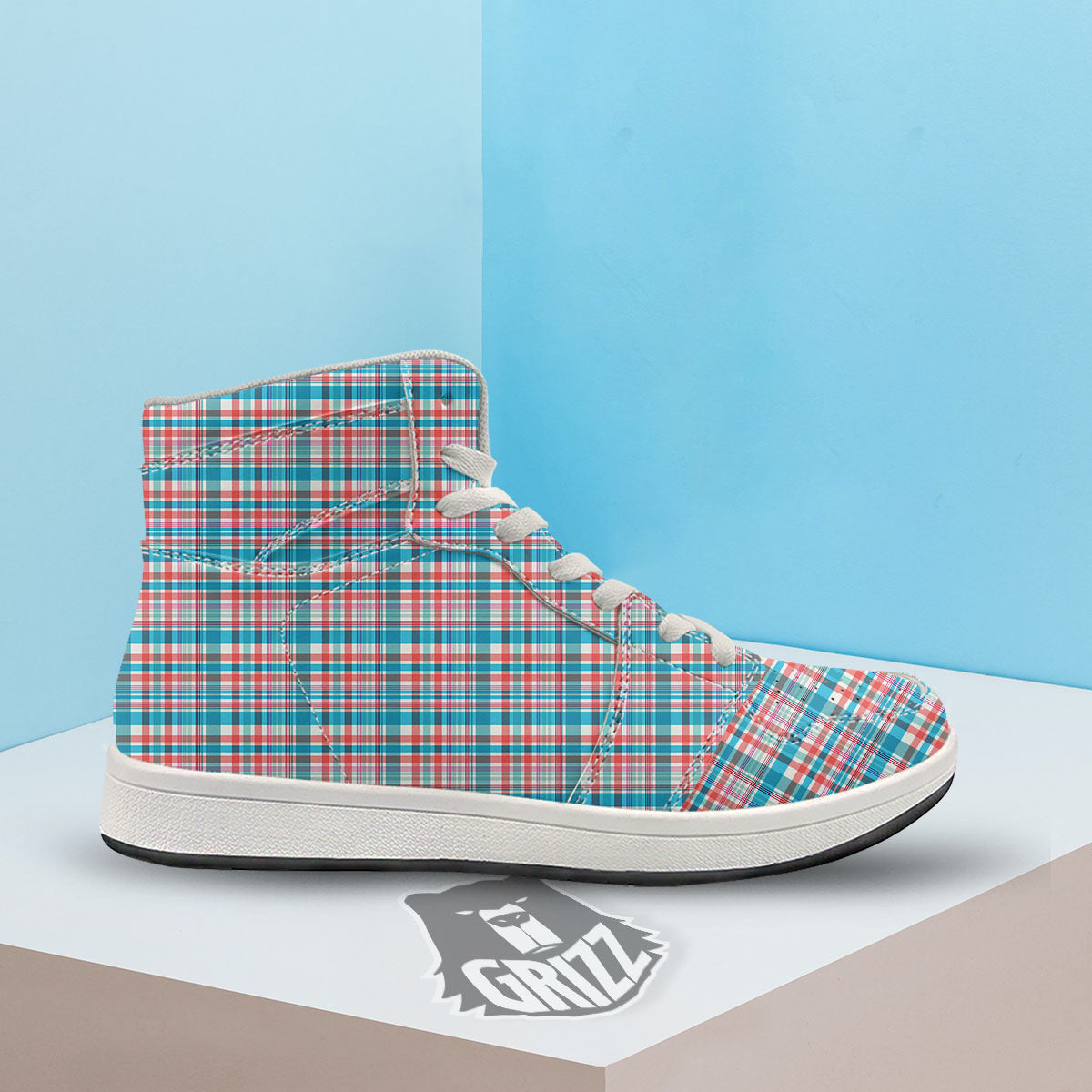Madras Red And Blue Print Pattern High Top Sneakers-grizzshop