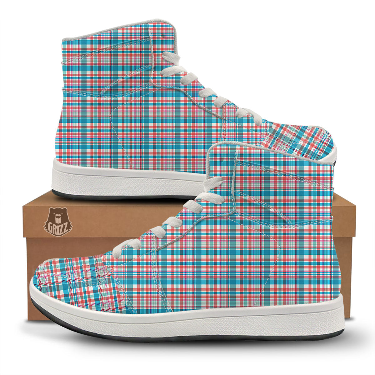 Madras Red And Blue Print Pattern High Top Sneakers-grizzshop