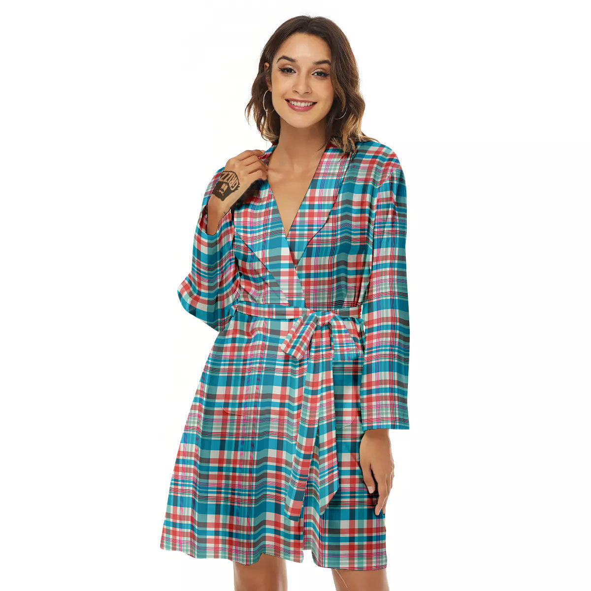 Madras Red And Blue Print Pattern Women's Robe-grizzshop