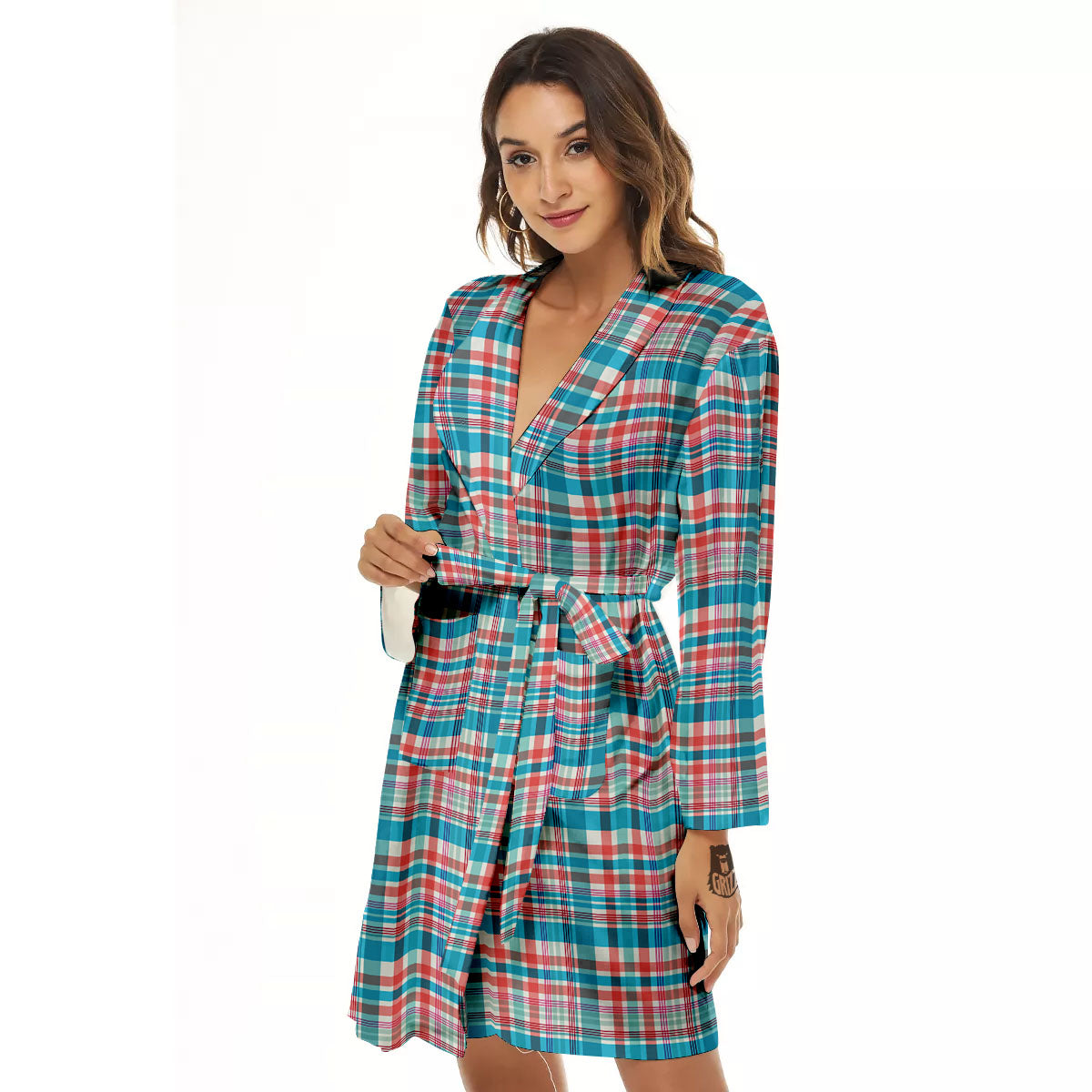 Madras Red And Blue Print Pattern Women's Robe-grizzshop