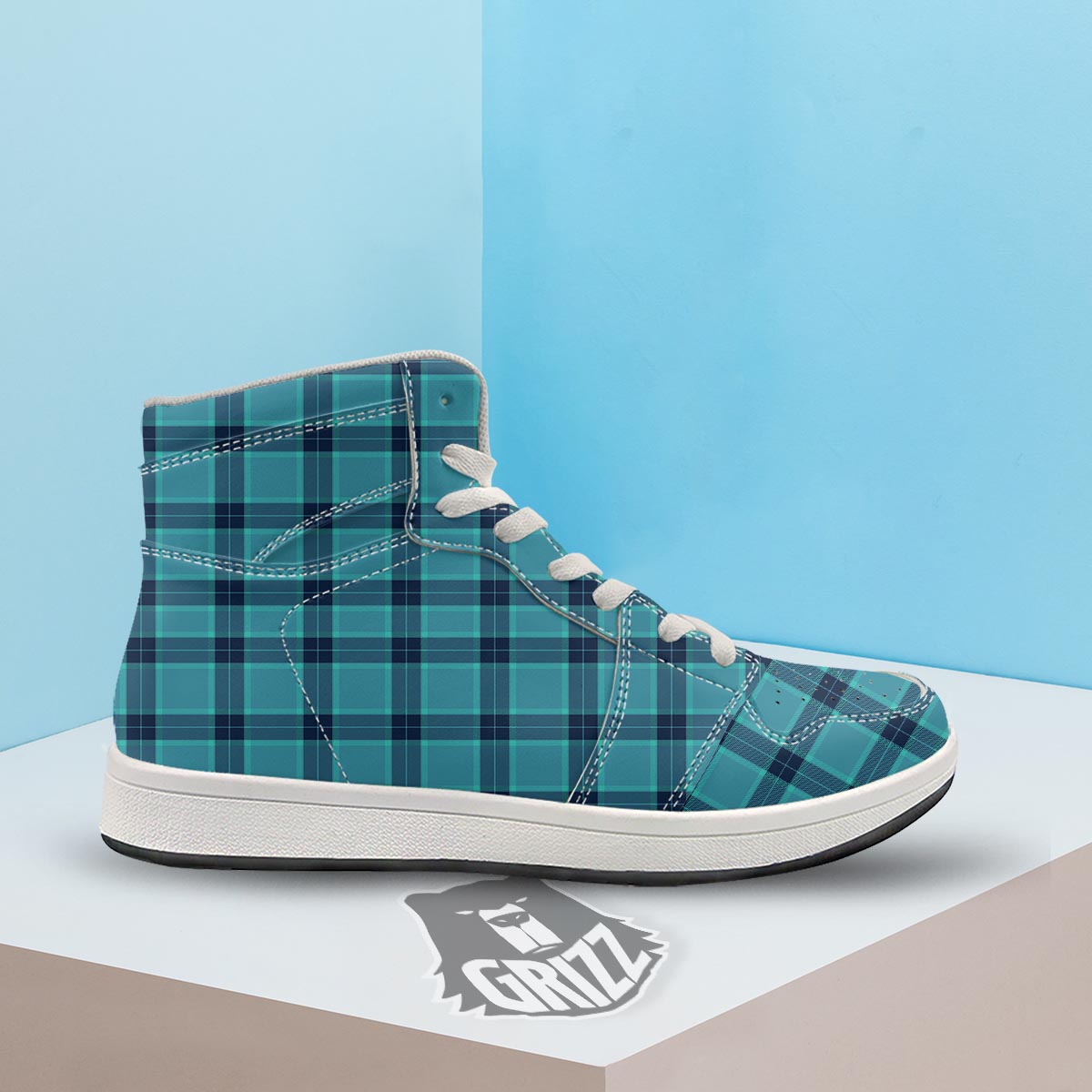 Madras Teal Print Pattern High Top Sneakers-grizzshop