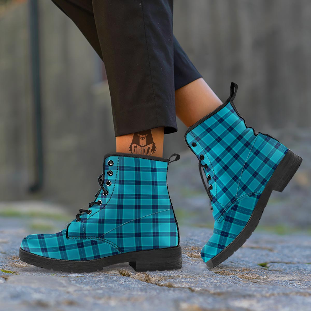 Madras Teal Print Pattern Leather Boots-grizzshop