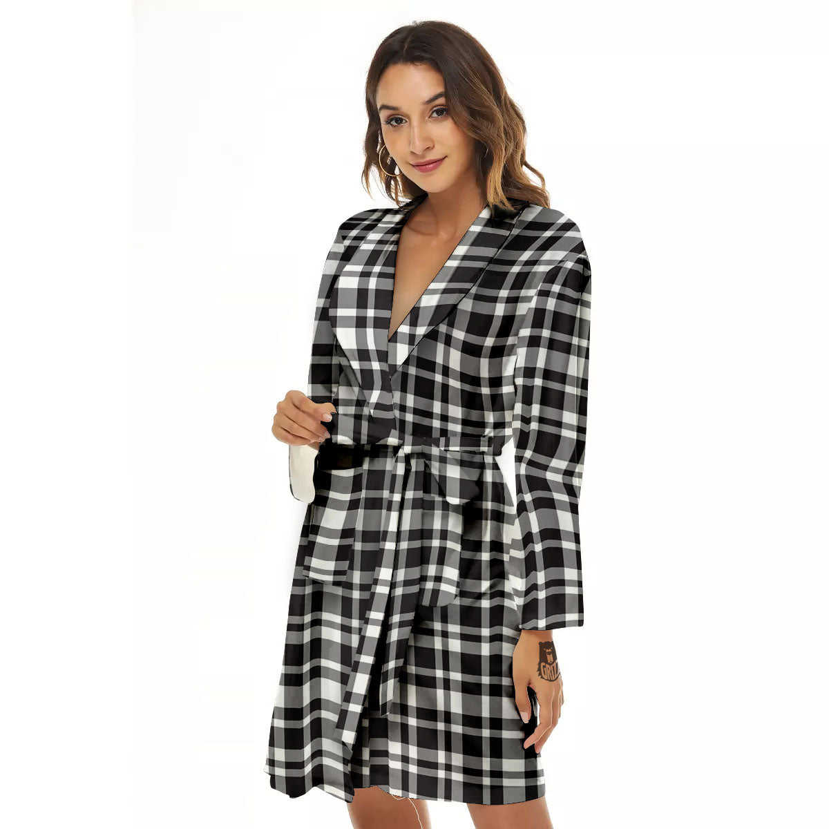 Madras White And Black Print Pattern Women's Robe-grizzshop