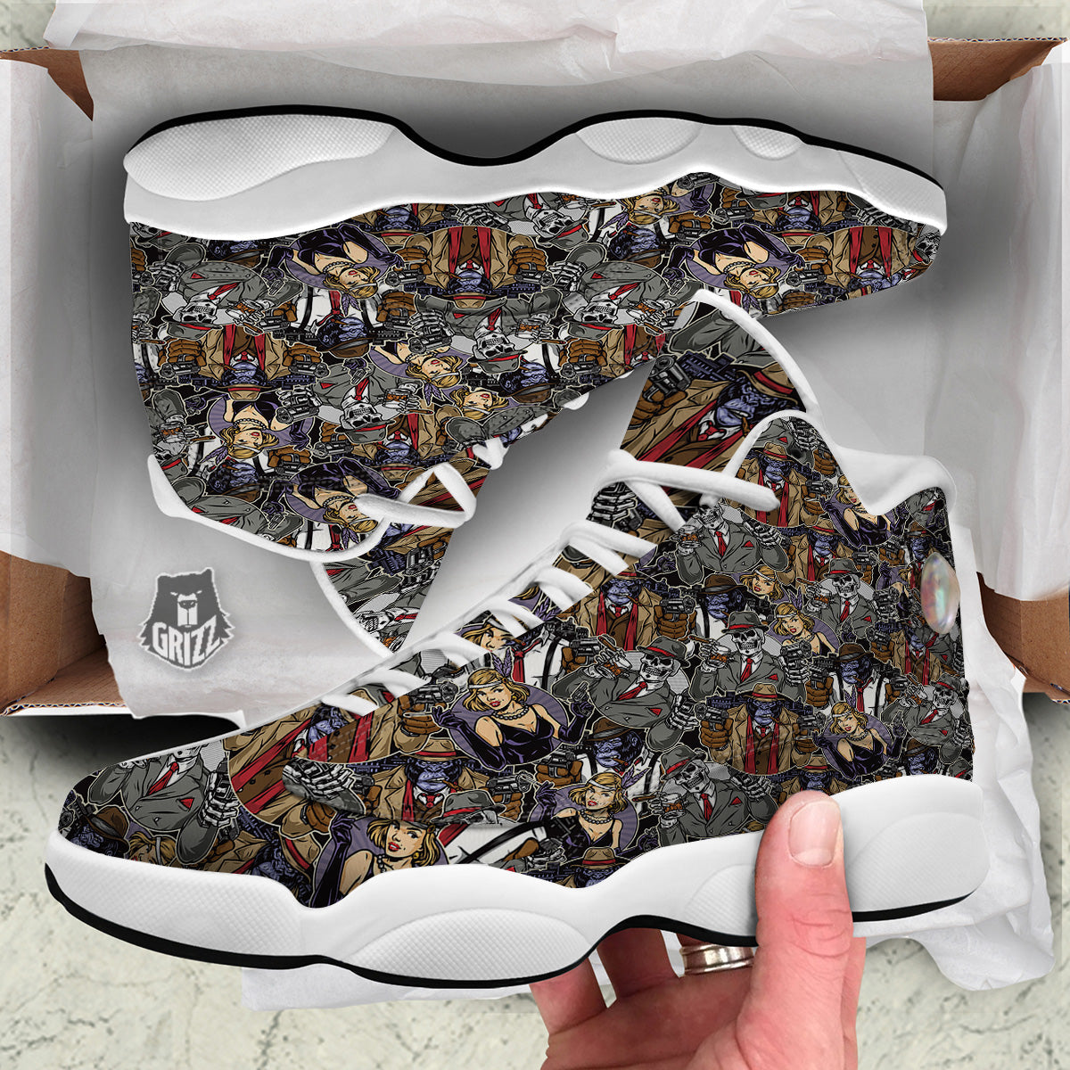 Mafia And Gangsters Print Pattern White Basketball Shoes-grizzshop