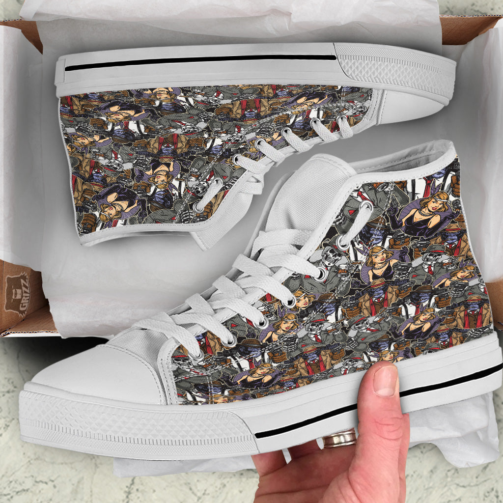 Mafia And Gangsters Print Pattern White High Top Shoes-grizzshop