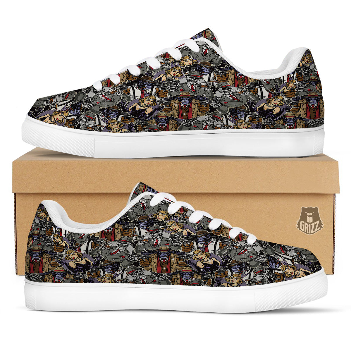 Mafia And Gangsters Print Pattern White Low Top Sneakers-grizzshop