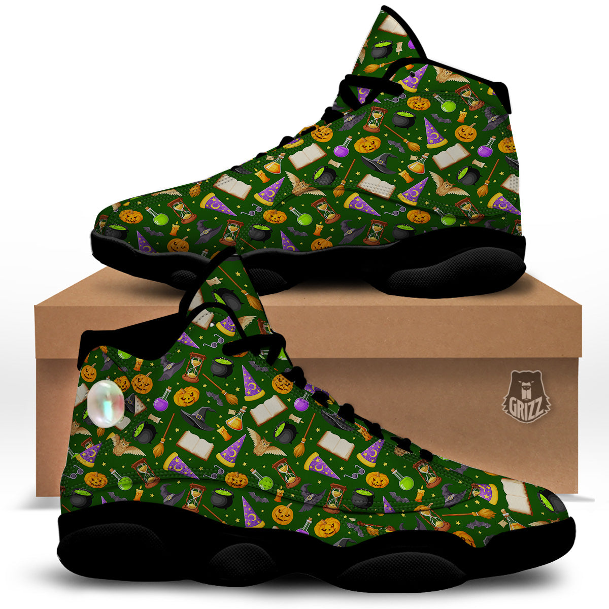 Magical Symbols And Green Print Pattern Black Basketball Shoes-grizzshop